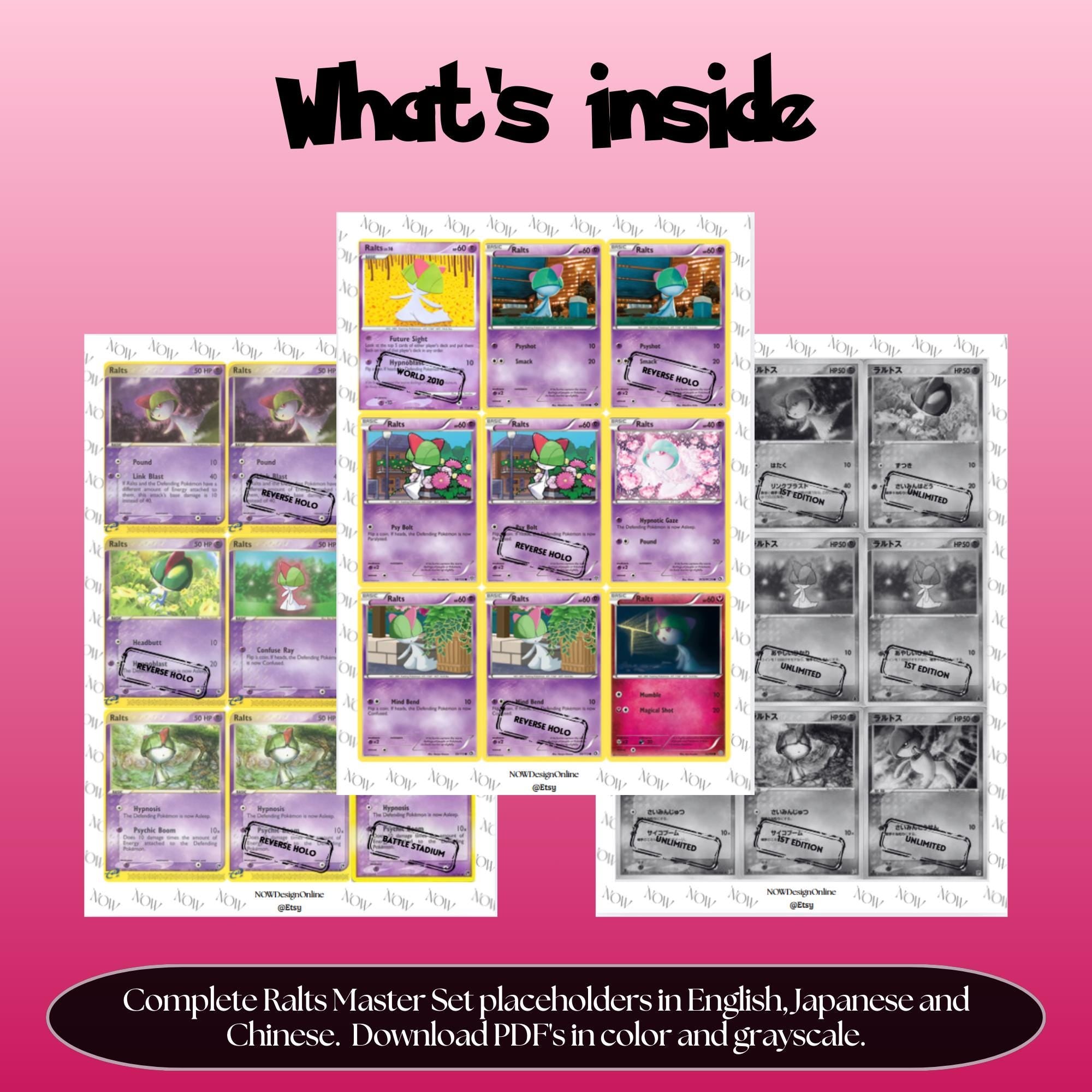 Ralts binder pages set overview showing the included Pokémon cards to print and cut for your binder sleeves.