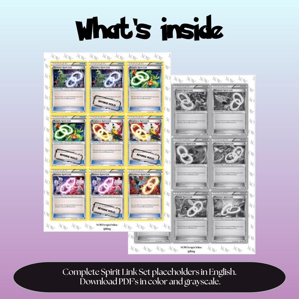 Spirit Link Trainer card binder pages overview showing the included Pokémon Trainer card placeholders to print, cut, and insert into binder sleeves.