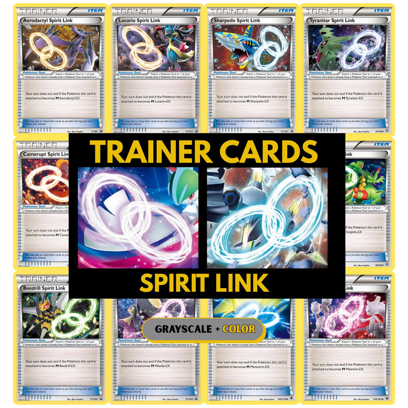 Spirit Link Trainer card binder pages set showing grayscale and color Pokémon TCG placeholders, designed as a printable digital download to organize a Trainer card binder.
