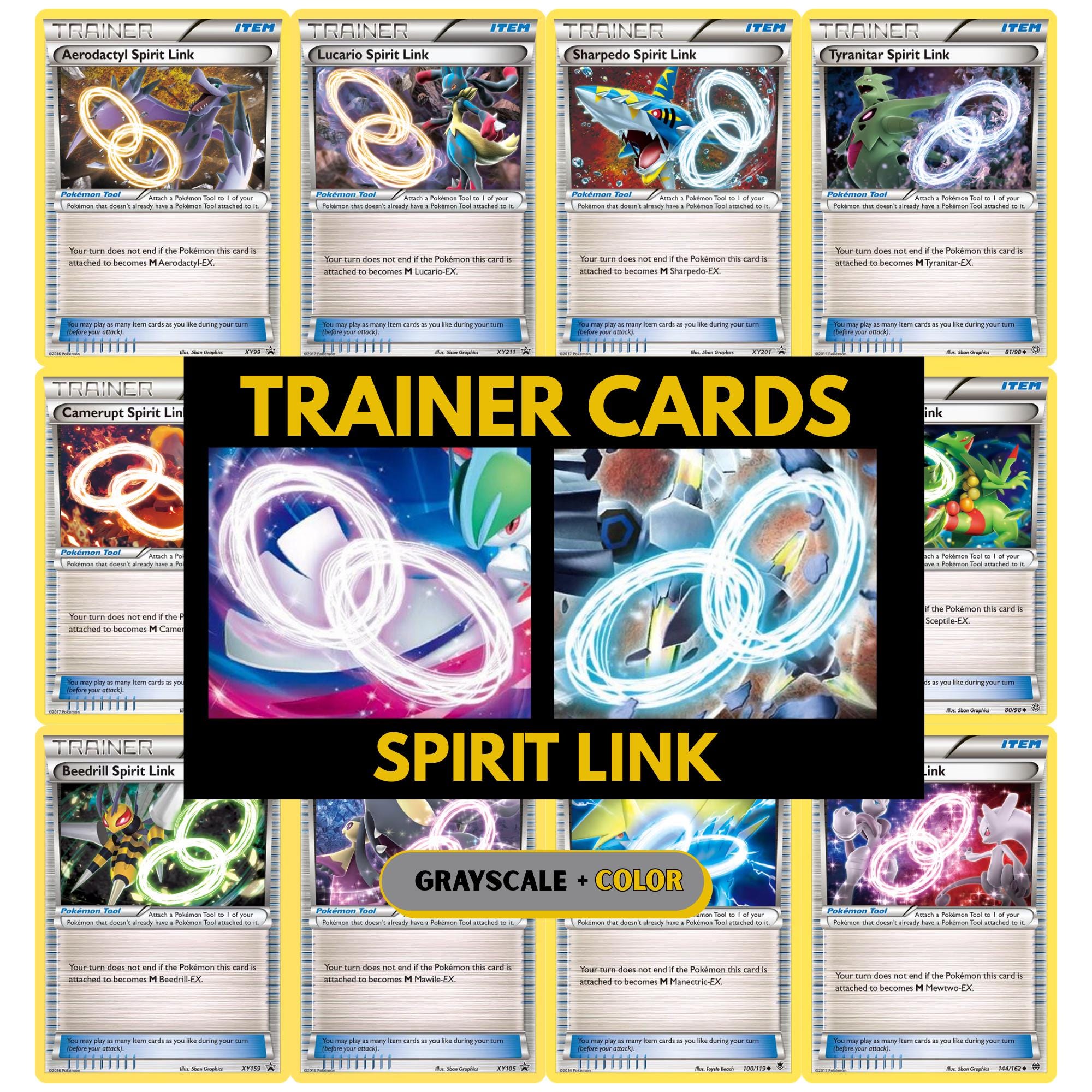 Spirit Link Trainer card binder pages set showing grayscale and color Pokémon TCG placeholders, designed as a printable digital download to organize a Trainer card binder.
