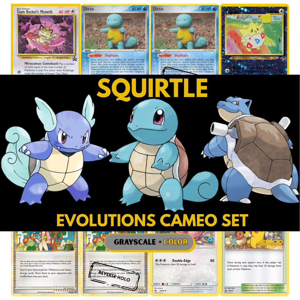 Shows cameo cards of the Squirtle Evolutions master set that are in the Squirtle placeholders for your binder.