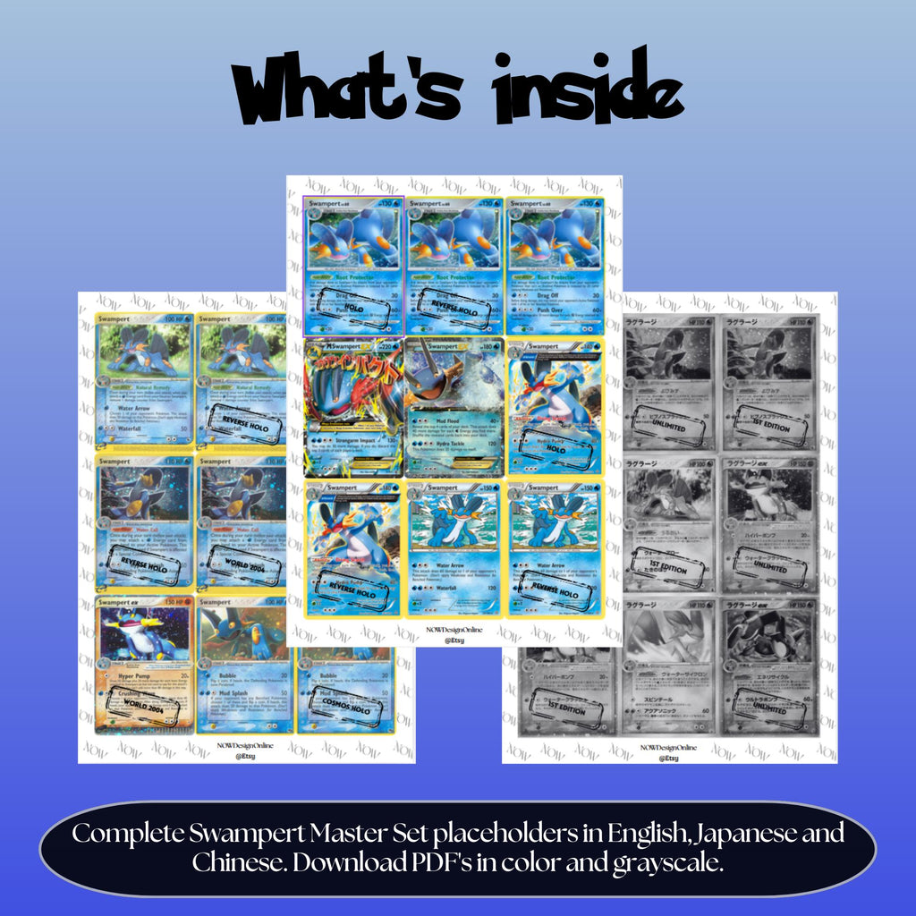 Swampert binder pages set overview showing the included Pokémon cards to print and cut for your binder sleeves.