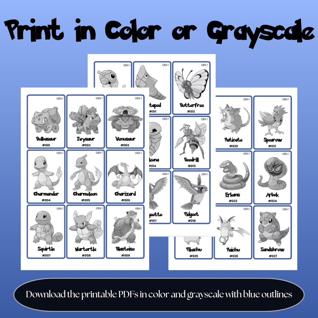 Printable national pokedex placeholders available in color and grayscale photo with blue outline designed for Pokémon binder organization and easy home printing.