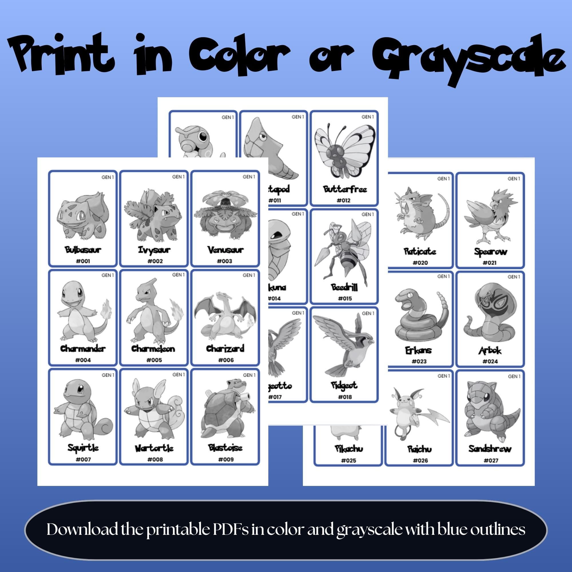 Printable national pokedex placeholders available in color and grayscale photo with blue outline designed for Pokémon binder organization and easy home printing.