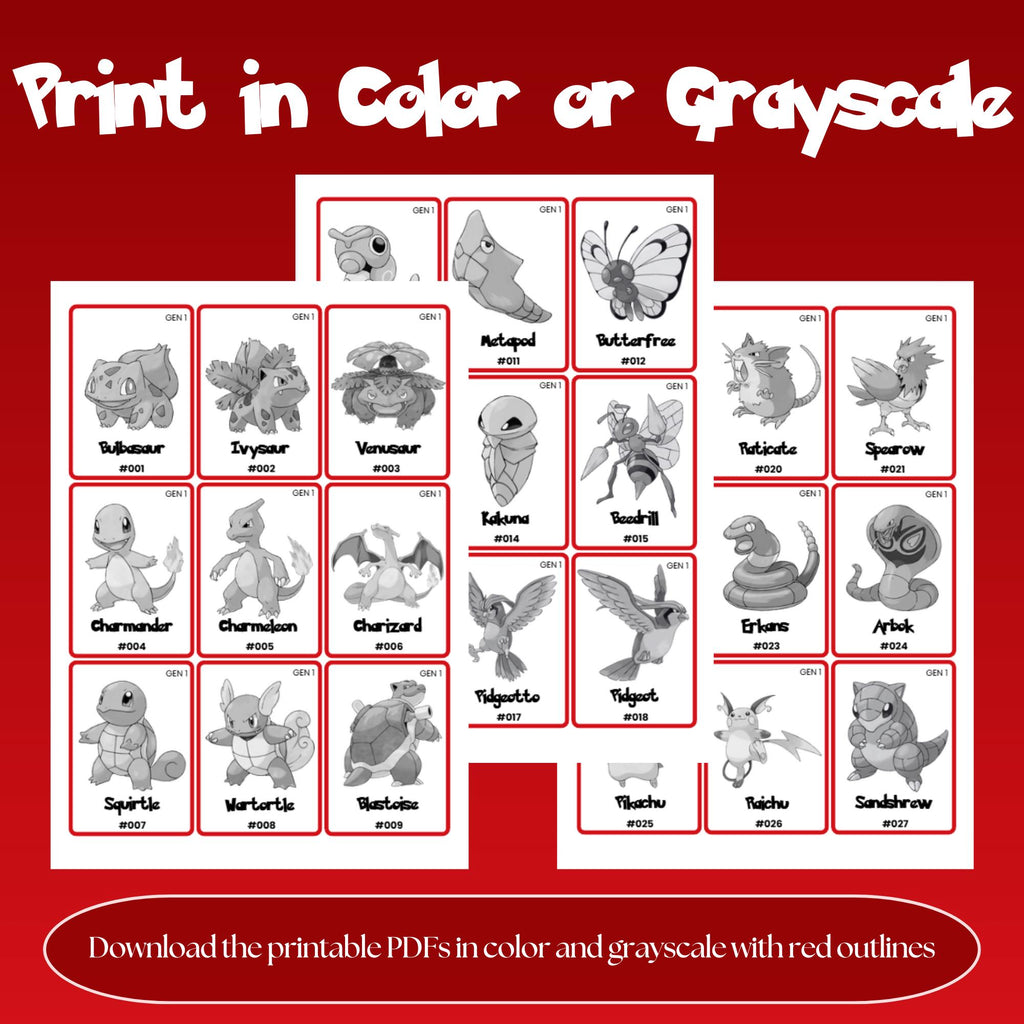 Printable national pokedex placeholders available in color and grayscale photo with red outline designed for Pokémon binder organization and easy home printing.