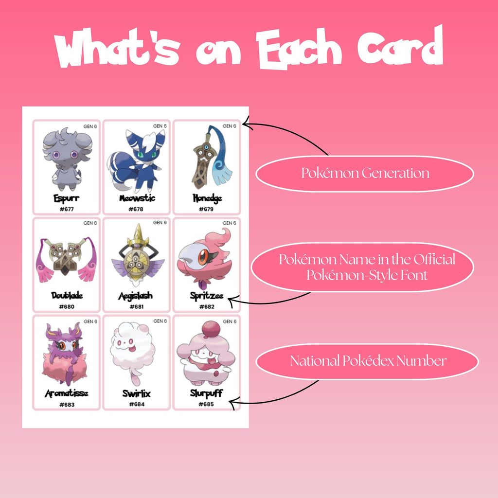 Example of national pokedex placeholder cards showing Pokémon generation label Pokémon name in Pokémon style font and national pokedex number.