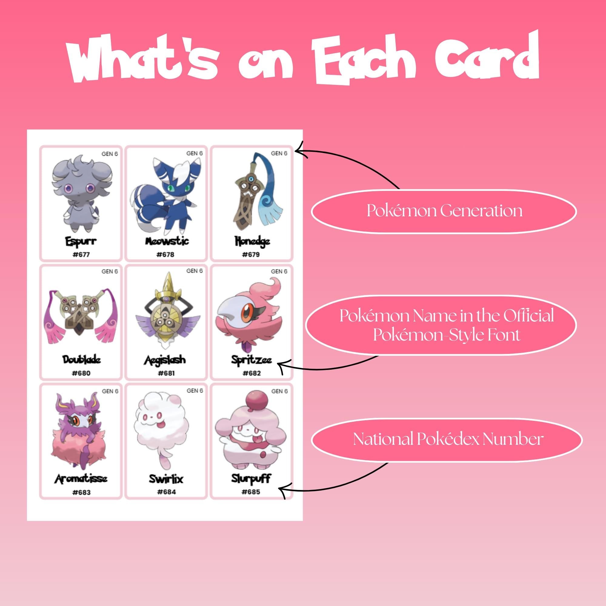 Example of national pokedex placeholder cards showing Pokémon generation label Pokémon name in Pokémon style font and national pokedex number.