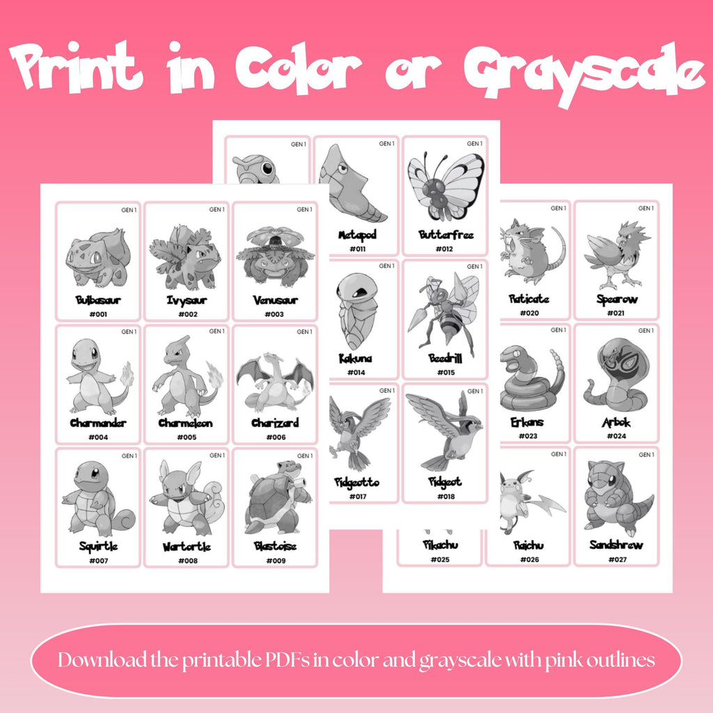 Printable national pokedex placeholders available in color and grayscale photo with pink outline designed for Pokémon binder organization and easy home printing.