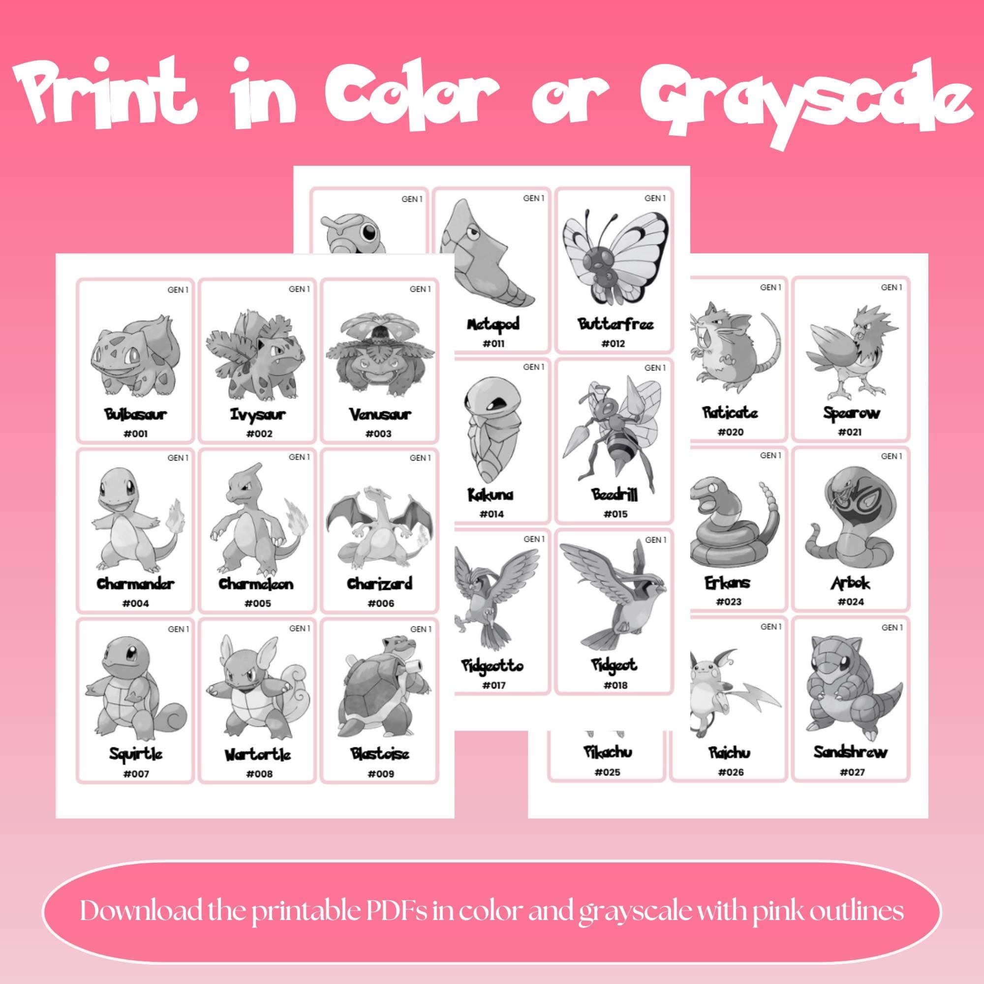 Printable national pokedex placeholders available in color and grayscale photo with pink outline designed for Pokémon binder organization and easy home printing.