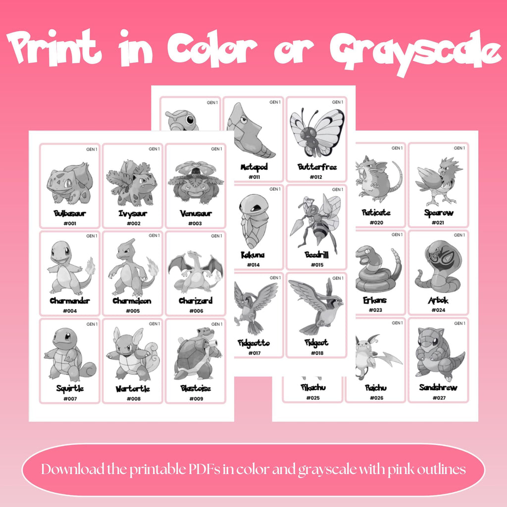 Printable national pokedex placeholders available in color and grayscale photo with pink outline designed for Pokémon binder organization and easy home printing.