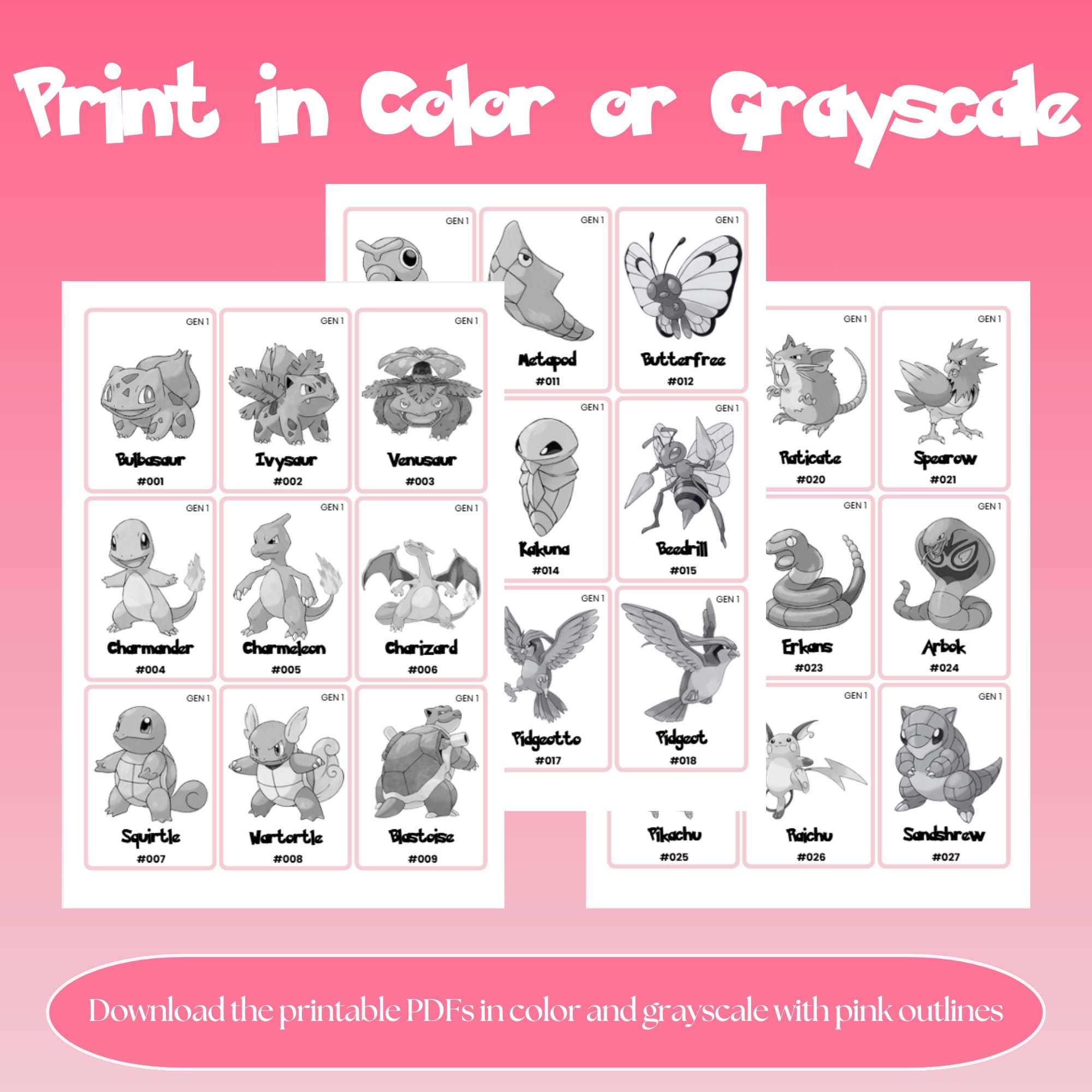 Printable national pokedex placeholders available in color and grayscale photo with pink outline designed for Pokémon binder organization and easy home printing.