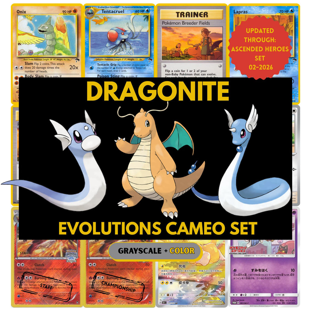 Dragonite and Evolutions Cameo binder pages set showing grayscale and color Pokémon cards, designed as a digital download to complete a collector’s binder.