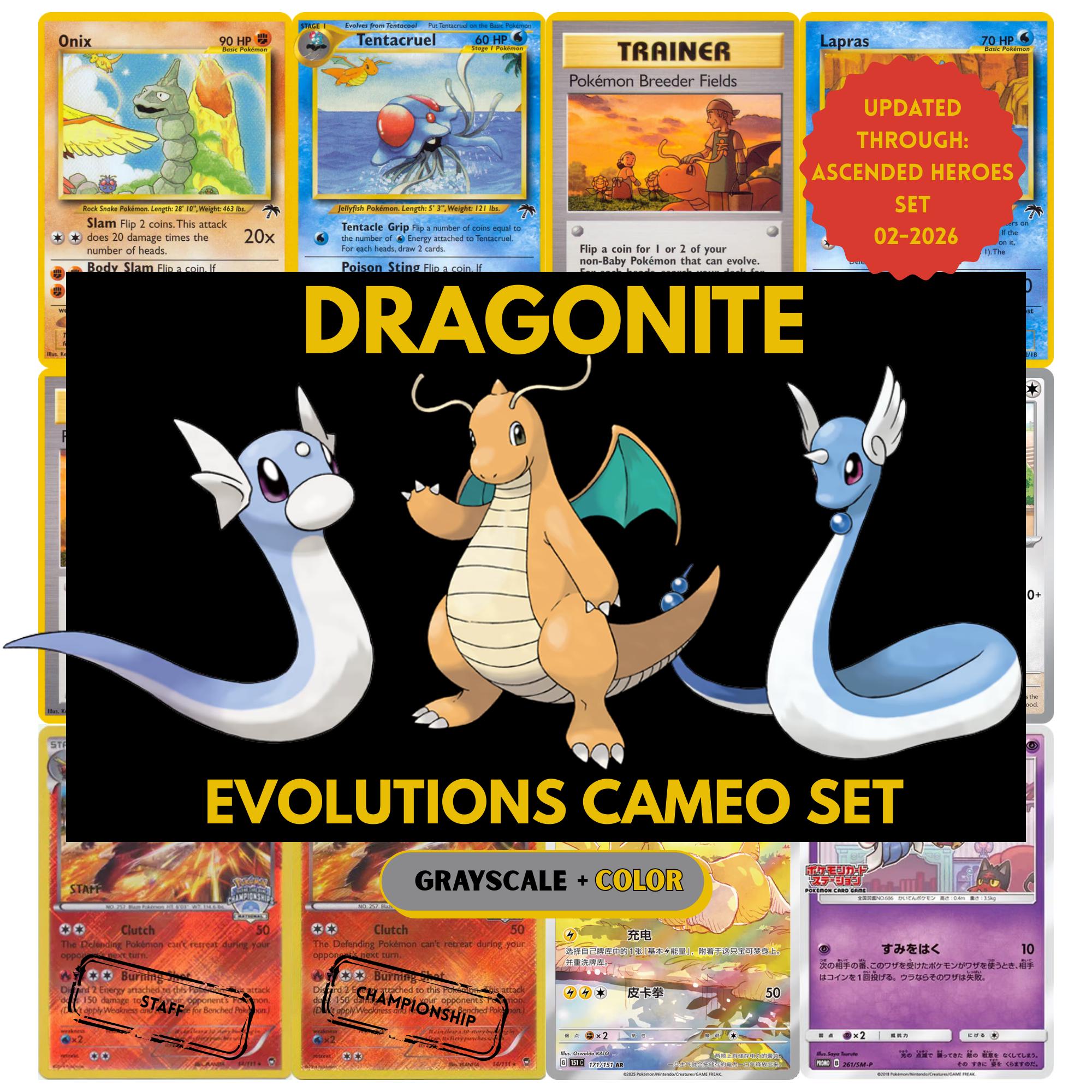 Dragonite and Evolutions Cameo binder pages set showing grayscale and color Pokémon cards, designed as a digital download to complete a collector’s binder.