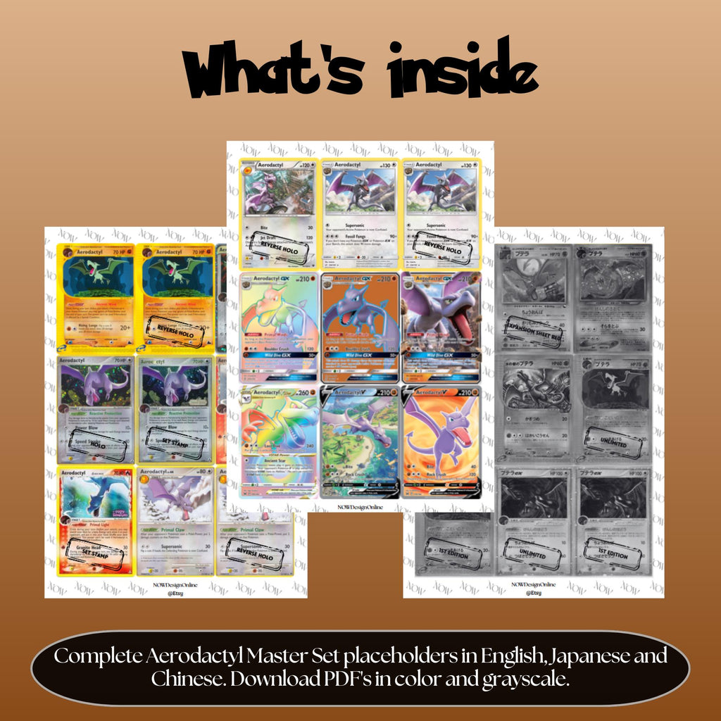 Aerodactyl binder pages set overview showing the included Pokémon cards to print and cut for your binder sleeves.