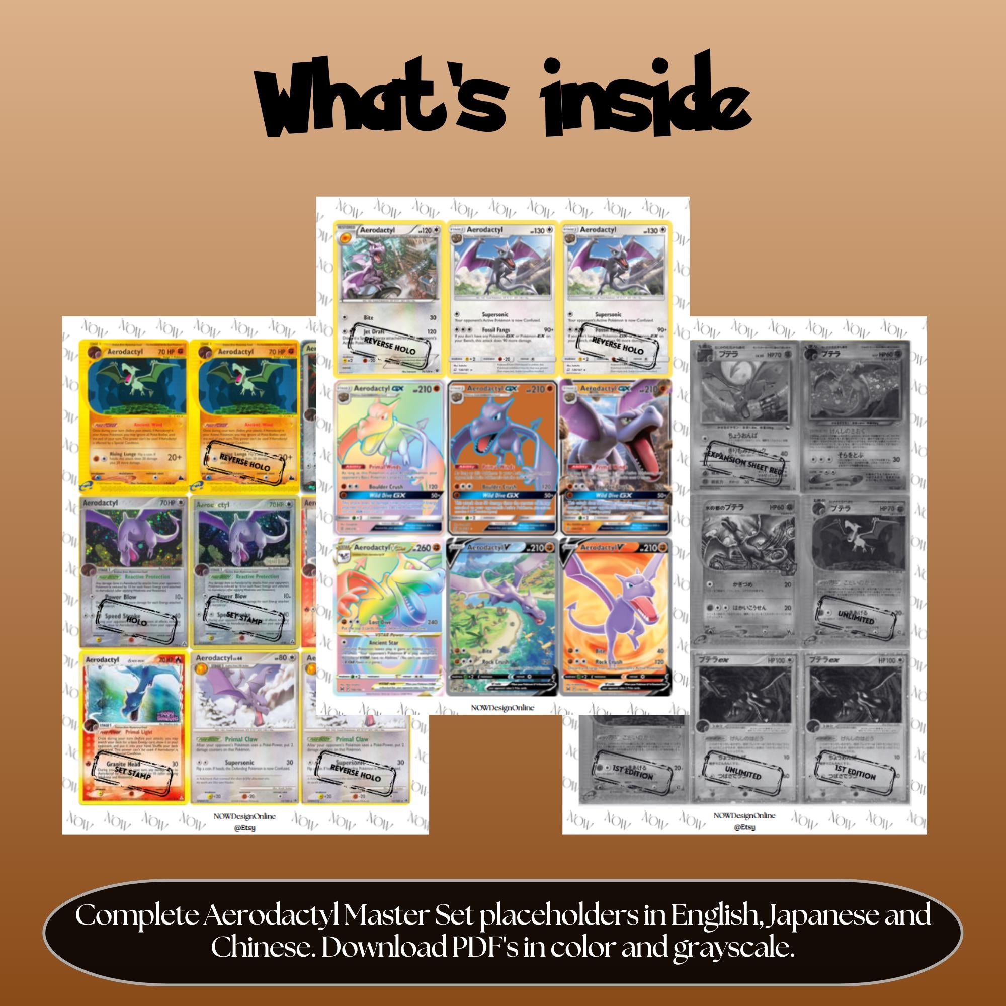Aerodactyl binder pages set overview showing the included Pokémon cards to print and cut for your binder sleeves.