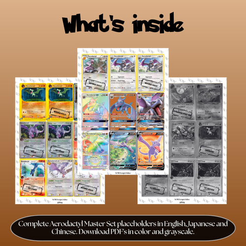 Aerodactyl binder pages set overview showing the included Pokémon cards to print and cut for your binder sleeves.