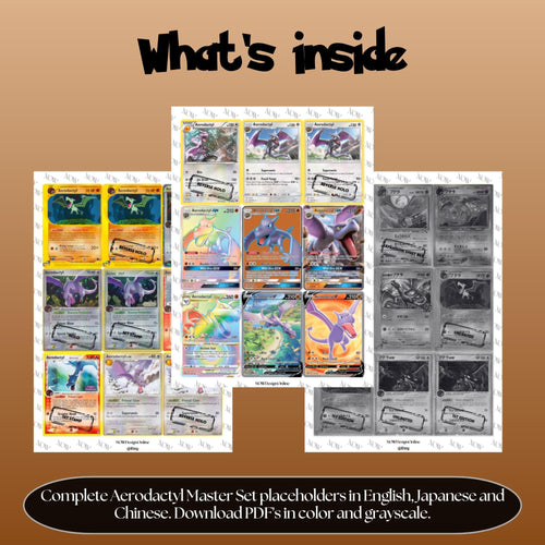 Aerodactyl binder pages set overview showing the included Pokémon cards to print and cut for your binder sleeves.