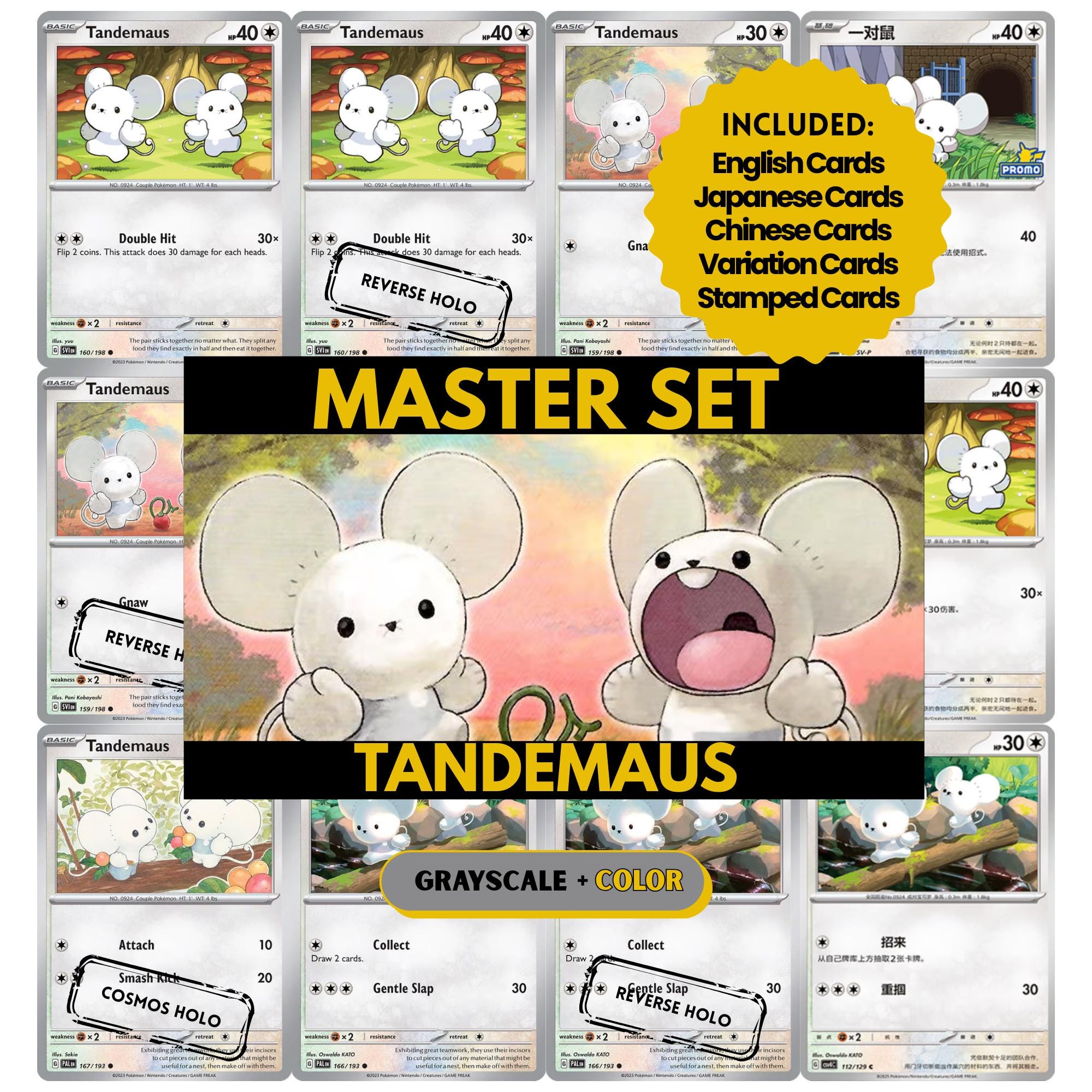 Tandemaus binder pages set showing grayscale and color Pokémon cards, designed as a digital download to complete a collector’s binder.