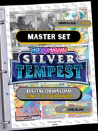 Silver Tempest master set binder page showing grayscale and color Pokémon cards, designed as a digital download with checklist to complete a collector’s binder.