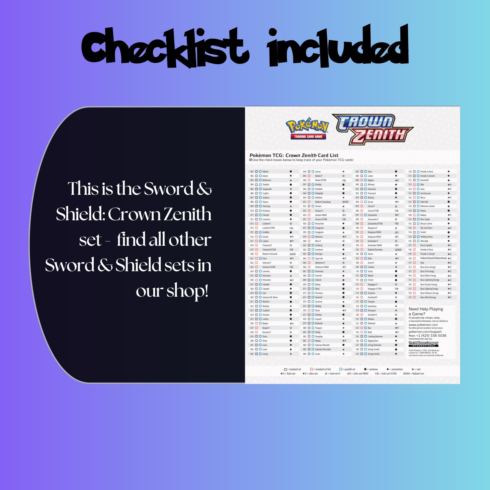 Example of the checklist that’s included to see which cards are all in the Crown Zenith set from the Sword & Shield Series