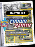 Crown Zenith master set binder page showing grayscale and color Pokémon cards, designed as a digital download with checklist to complete a collector’s binder.
