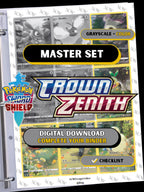 Crown Zenith master set binder page showing grayscale and color Pokémon cards, designed as a digital download with checklist to complete a collector’s binder.