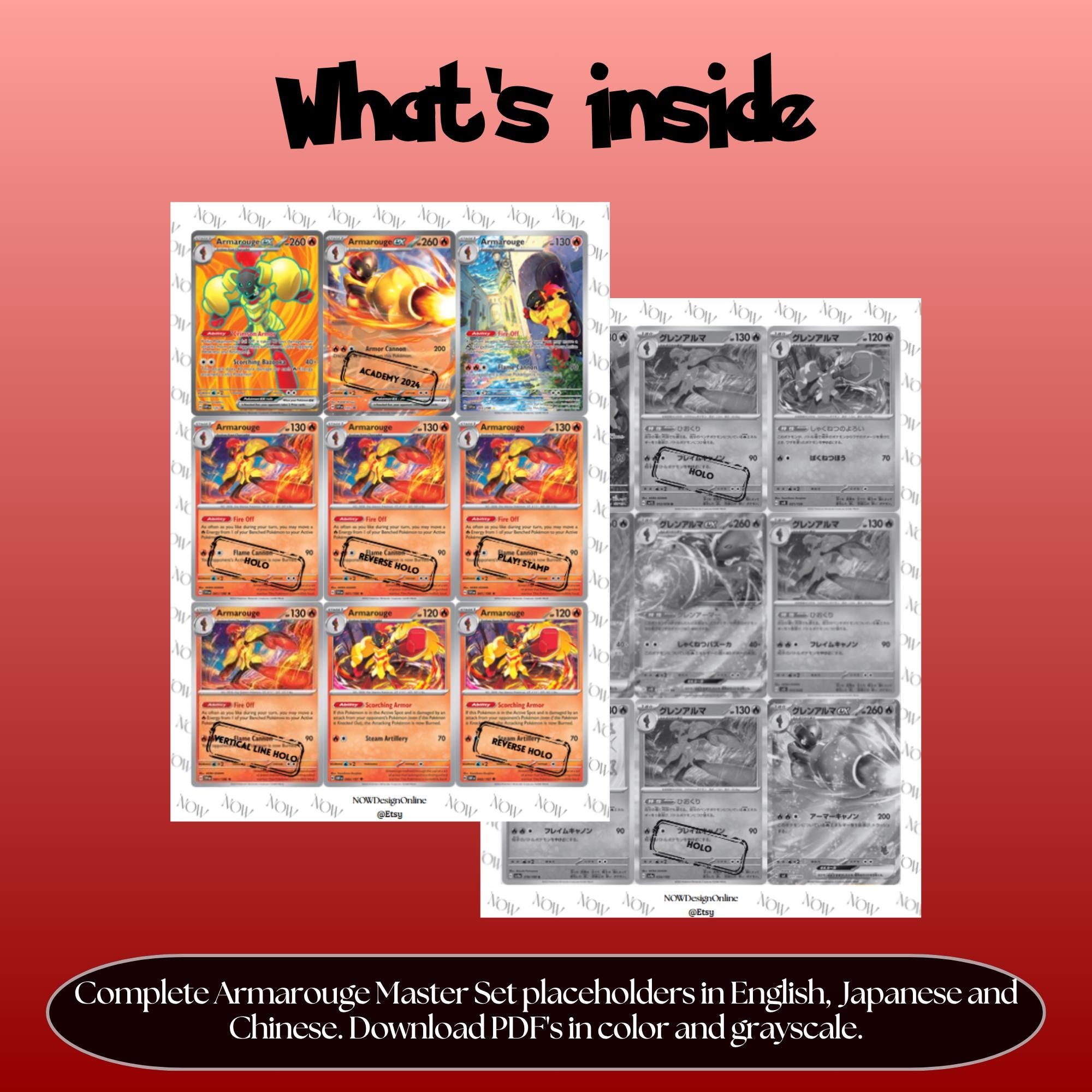 Armarouge binder pages set overview showing the included Pokémon cards to print and cut for your binder sleeves.