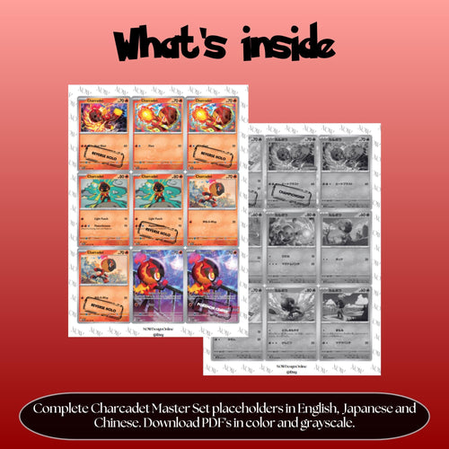 Charcadet binder pages set overview showing the included Pokémon cards to print and cut for your binder sleeves.