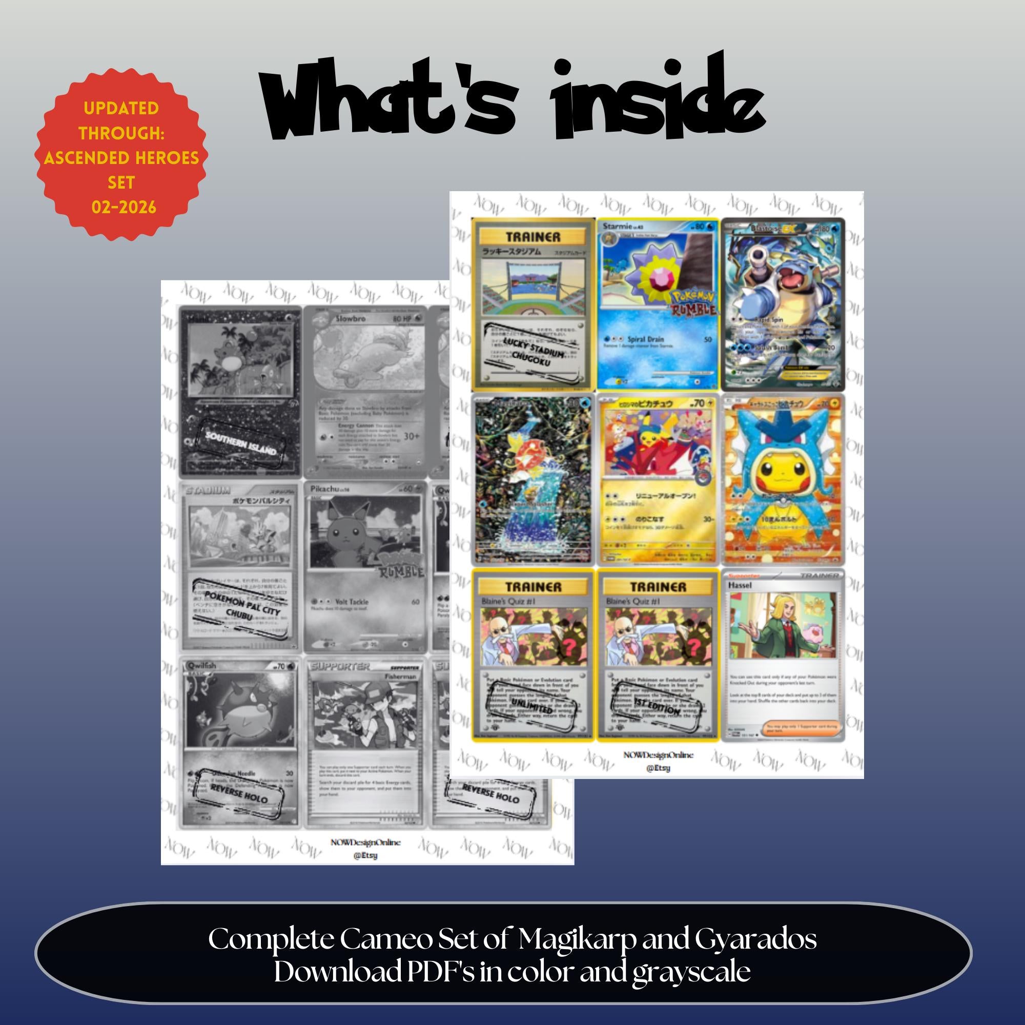 Magikarp & Gyarados Cameo binder pages set overview showing the included Pokémon cards to print and cut for your binder sleeves.