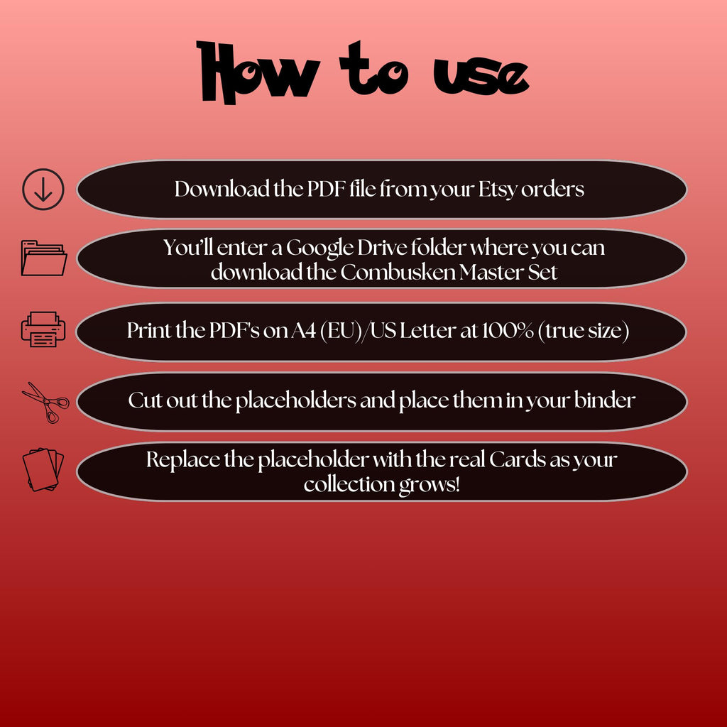 Combusken cards digital download instructions explaining how to print, cut, and place placeholders in a Pokémon binder.