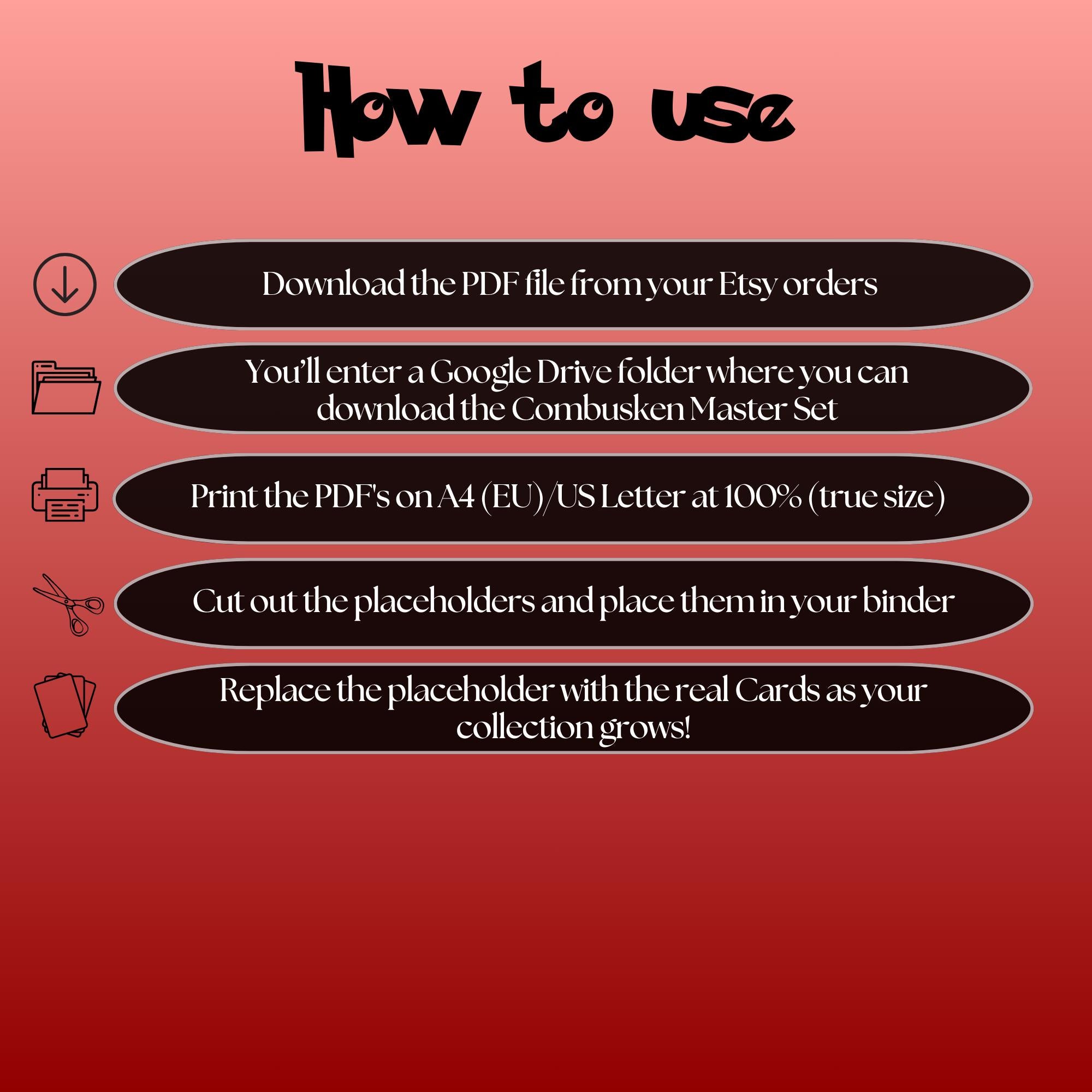 Combusken cards digital download instructions explaining how to print, cut, and place placeholders in a Pokémon binder.