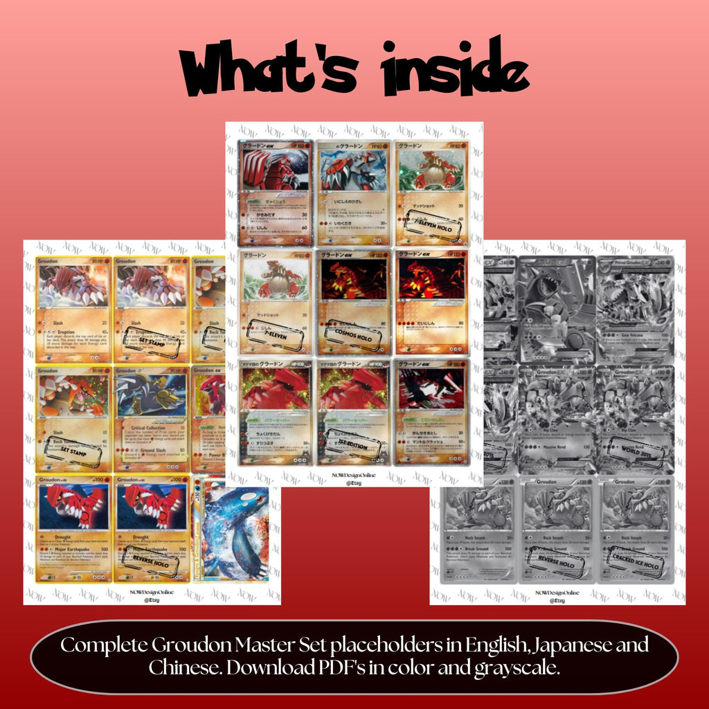 Groudon binder pages set overview showing the included Pokémon cards to print and cut for your binder sleeves.