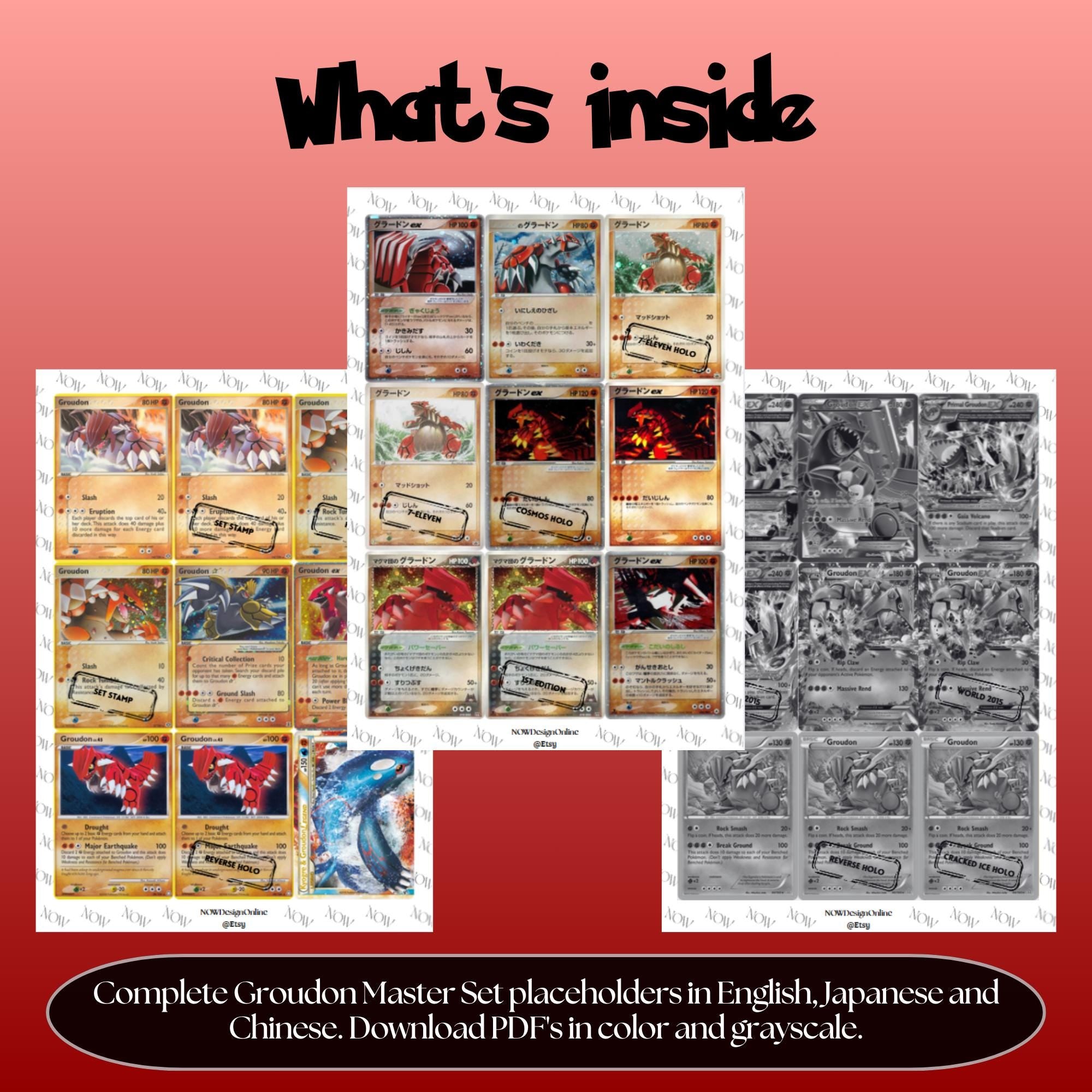 Groudon binder pages set overview showing the included Pokémon cards to print and cut for your binder sleeves.