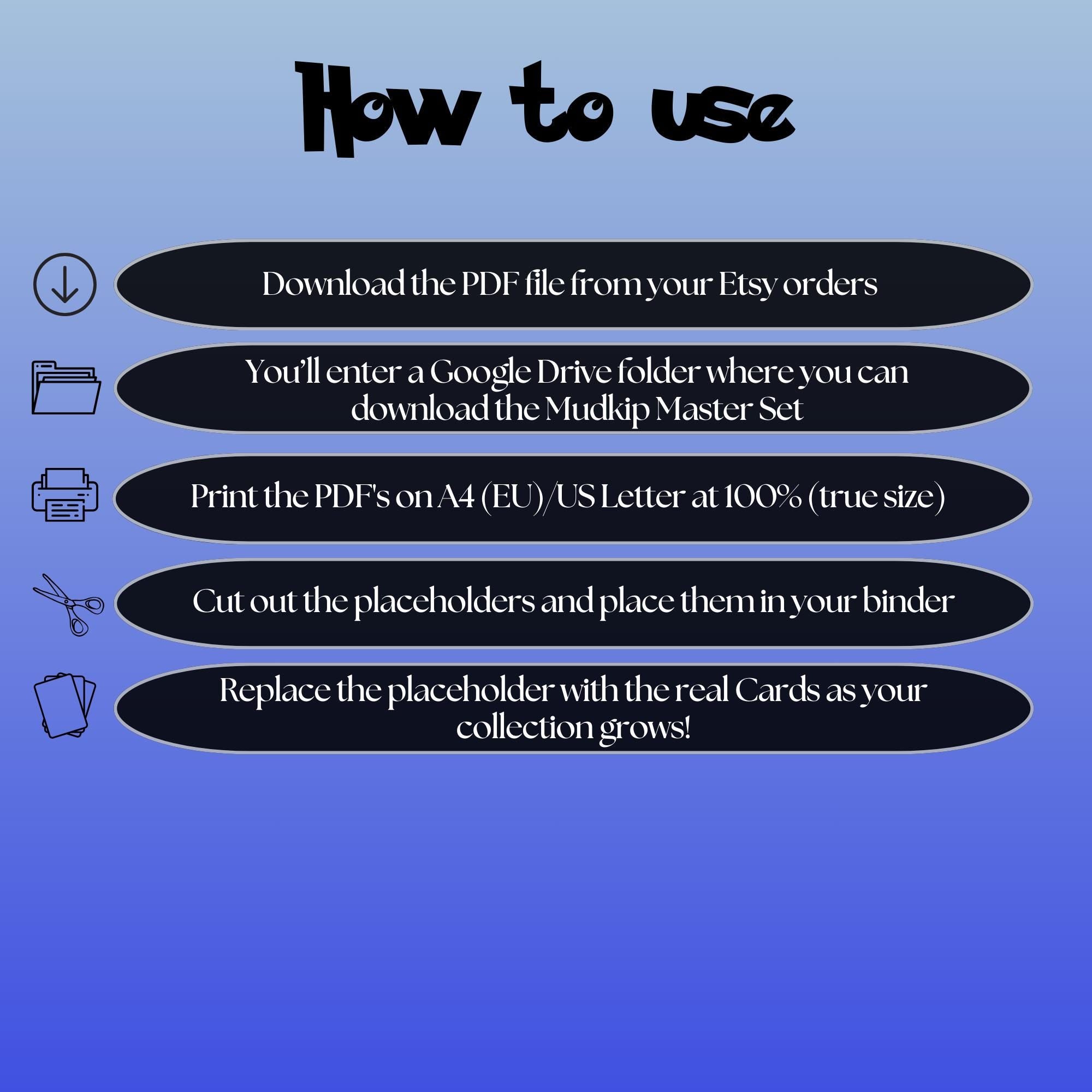 Mudkip cards digital download instructions explaining how to print, cut, and place placeholders in a Pokémon binder.
