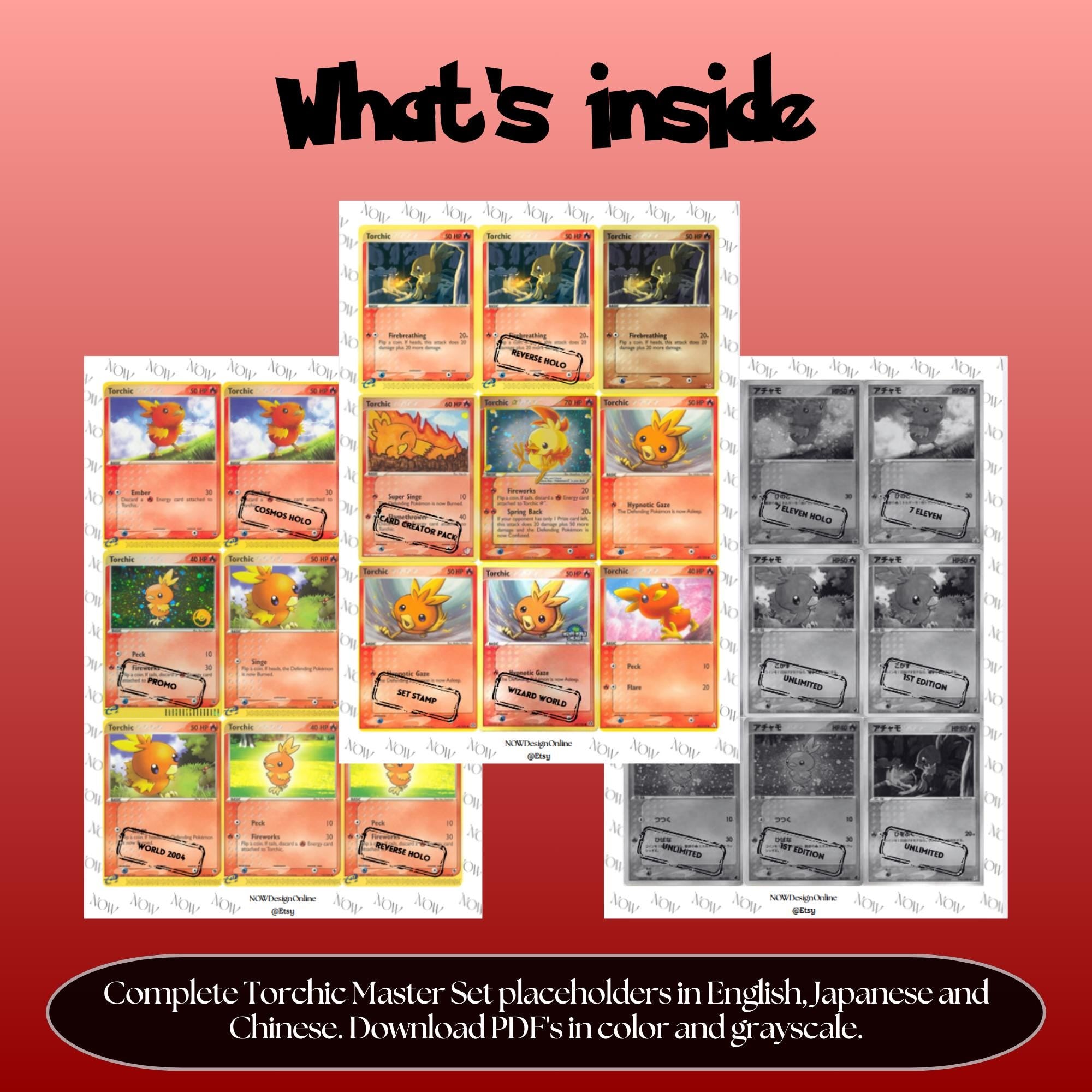 Torchic binder pages set overview showing the included Pokémon cards to print and cut for your binder sleeves.