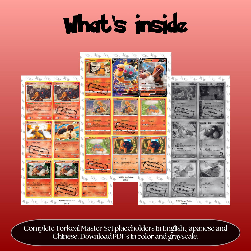 Torkoal binder pages set showing grayscale and color Pokémon cards, designed as a digital download to complete a collector’s binder.