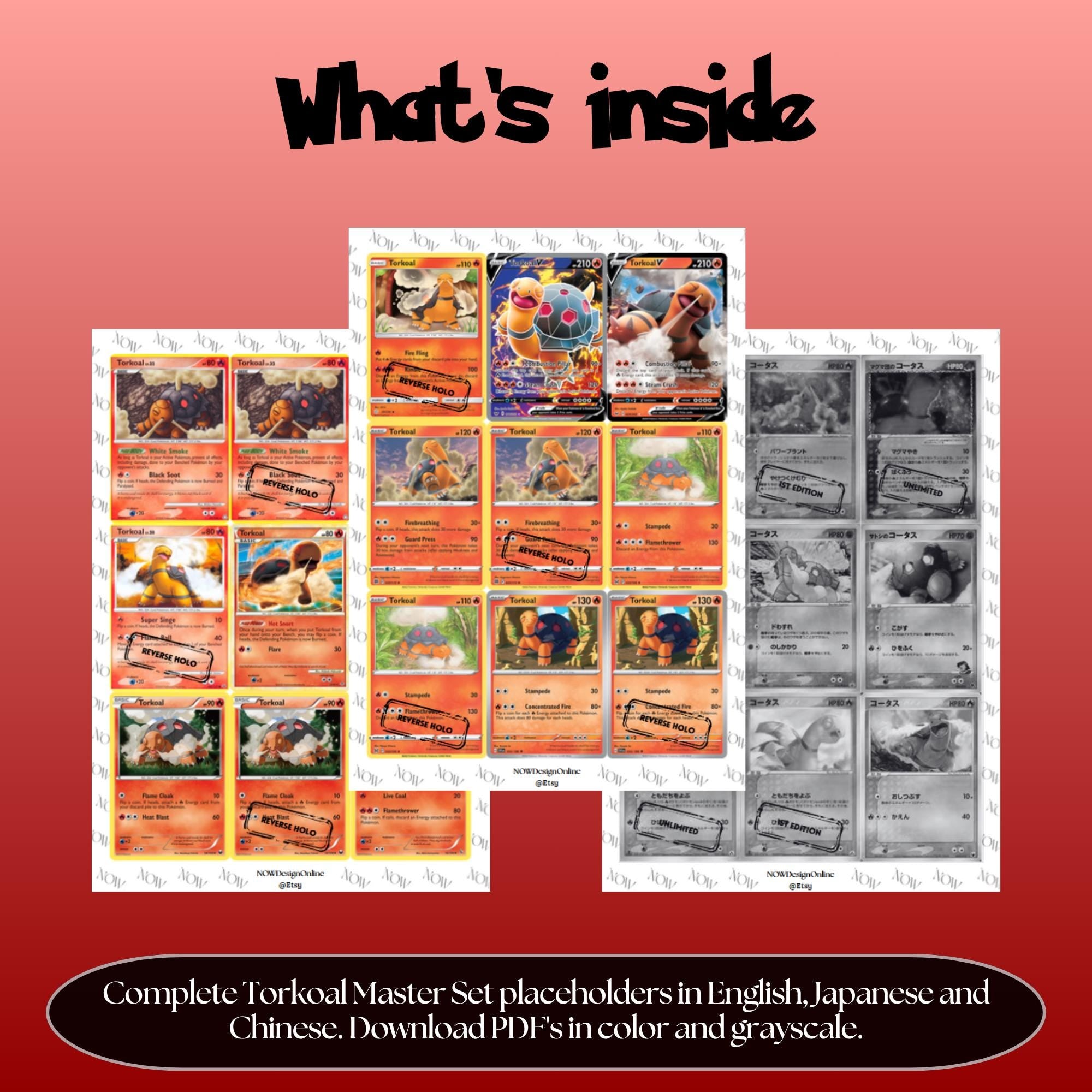 Torkoal binder pages set showing grayscale and color Pokémon cards, designed as a digital download to complete a collector’s binder.