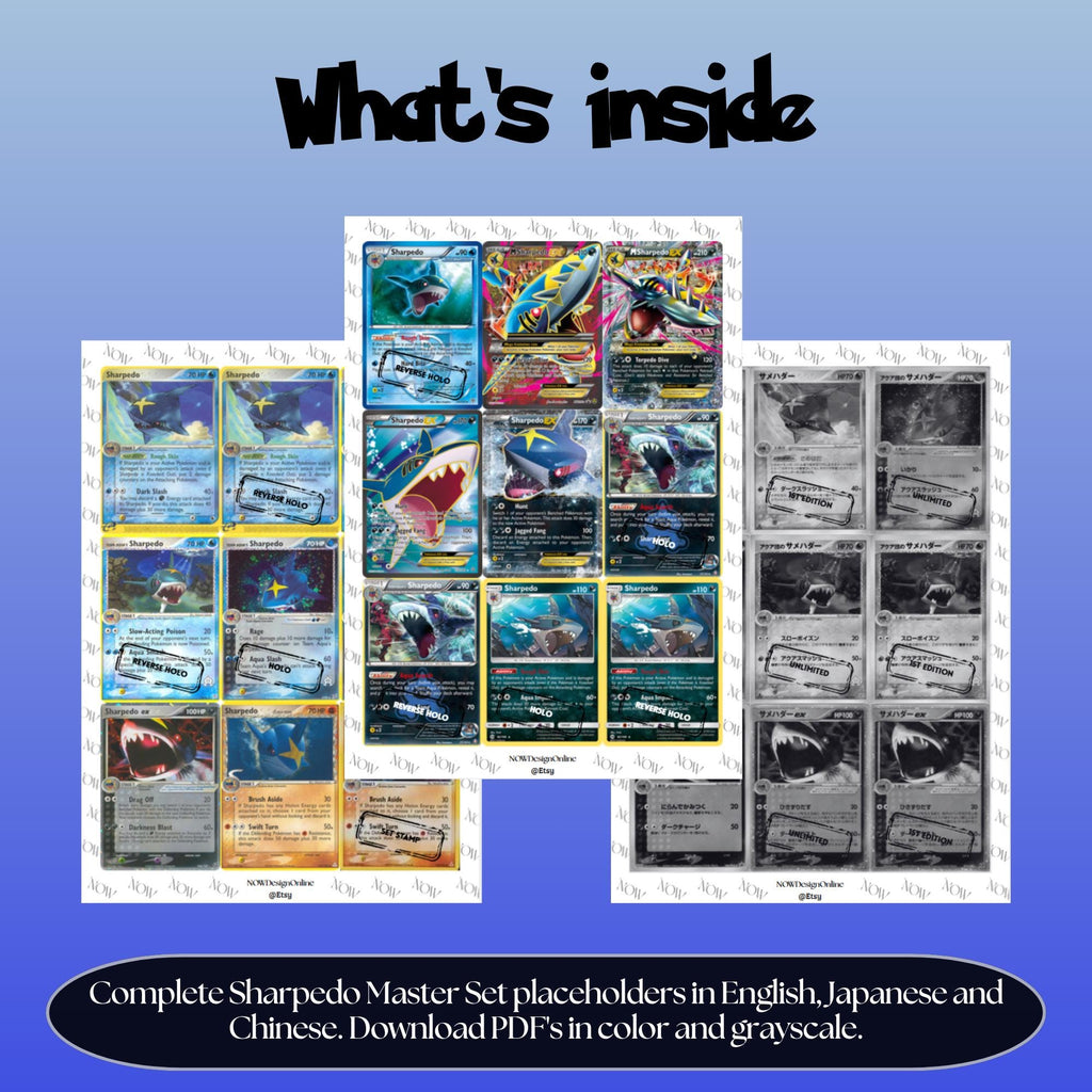 Sharpedo binder pages set overview showing the included Pokémon cards to print and cut for your binder sleeves.