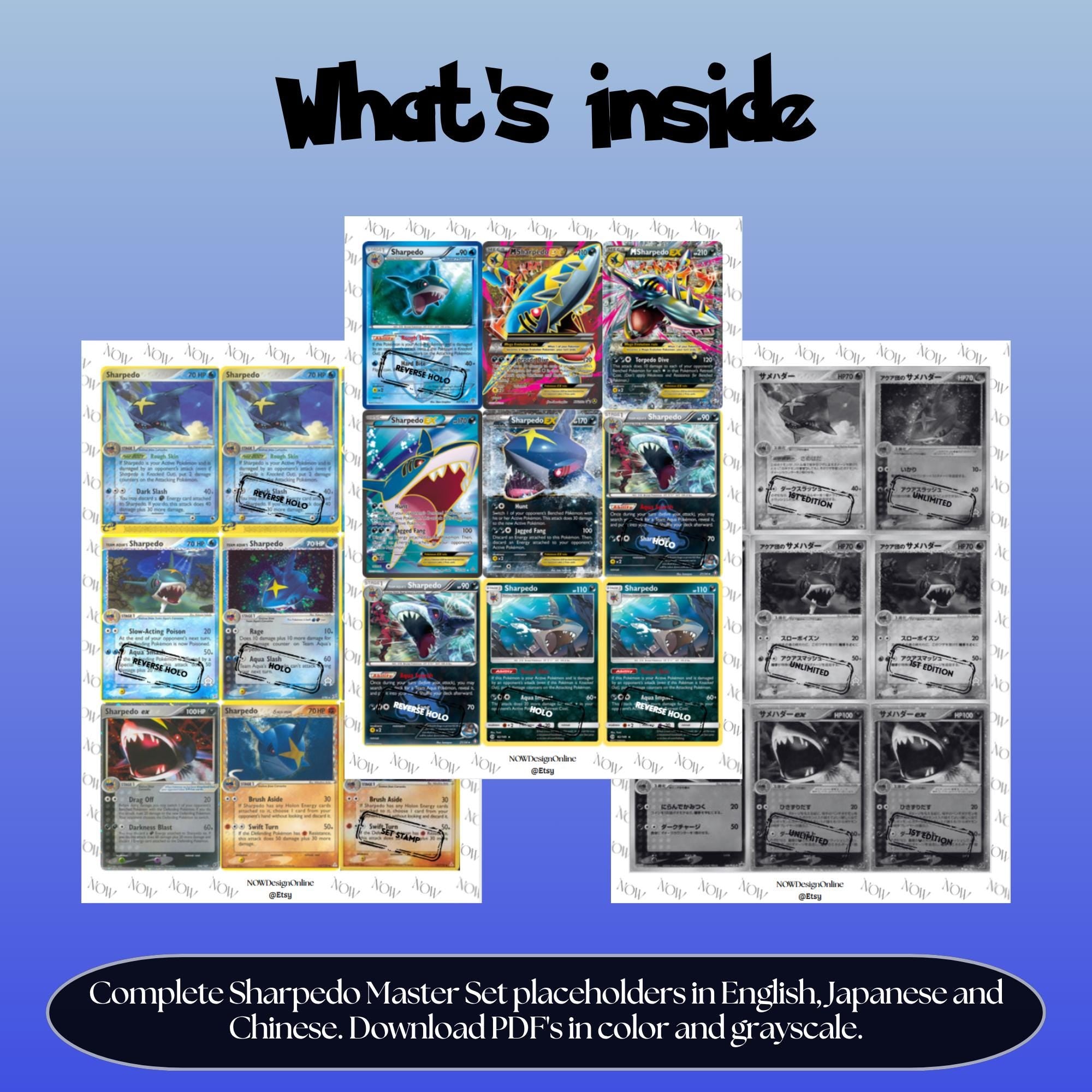 Sharpedo binder pages set overview showing the included Pokémon cards to print and cut for your binder sleeves.
