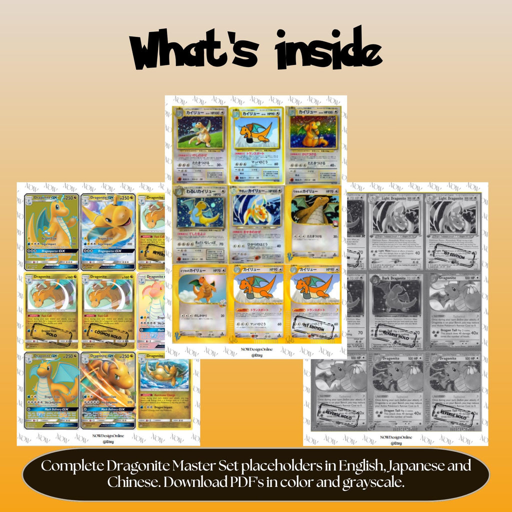 Dragonite binder pages set overview showing the included Pokémon cards to print and cut for your binder sleeves.