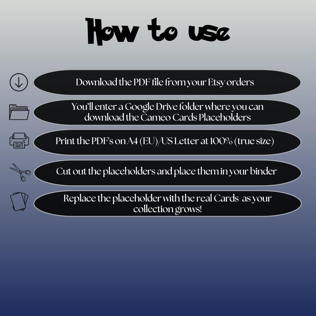 Mimikyu cameo cards digital download instructions explaining how to print, cut, and place placeholders in a Pokémon binder.
