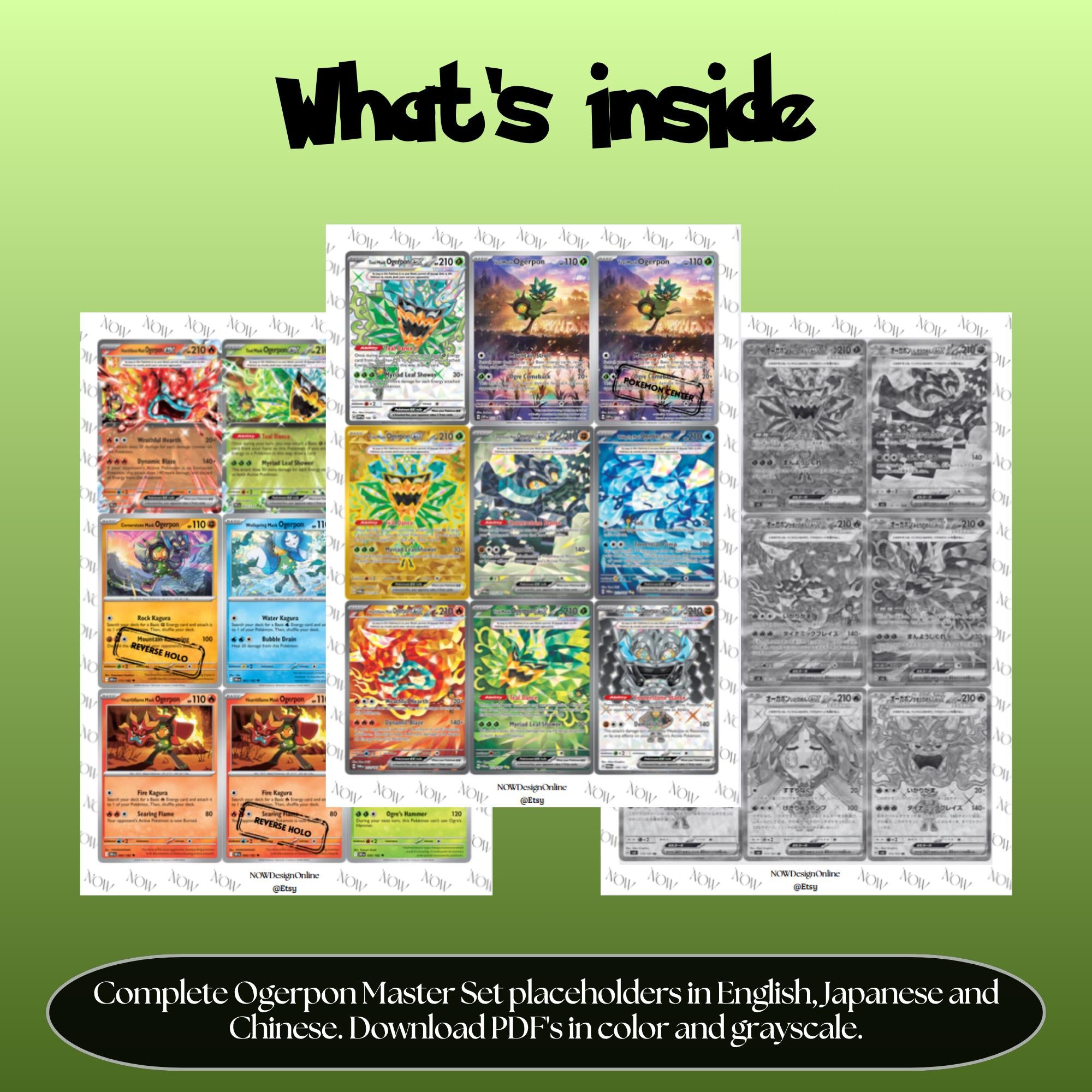 Ogerpon binder pages set overview showing the included Pokémon cards to print and cut for your binder sleeves.