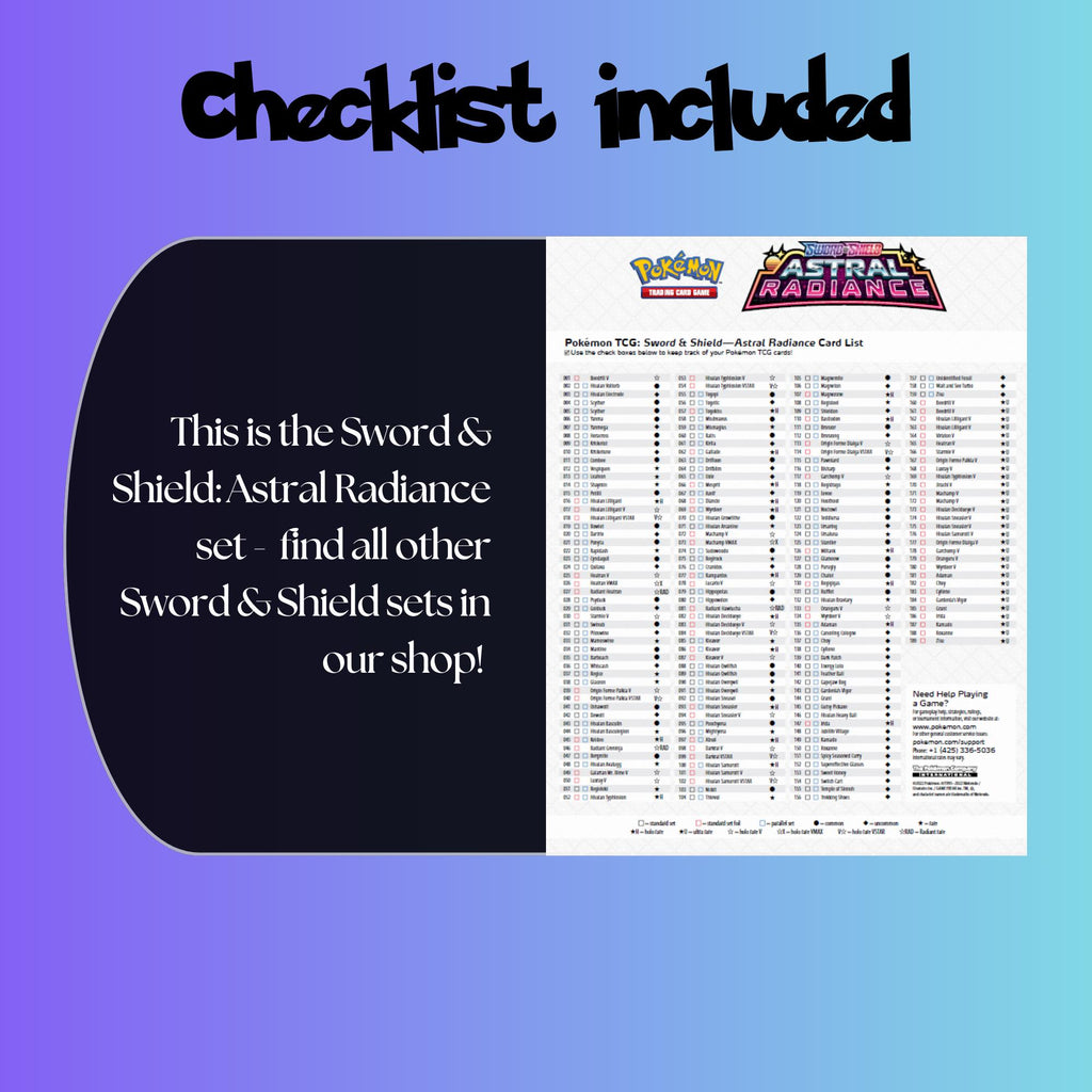 Example of the checklist that’s included to see which cards are all in the Astral Radiance set from the Sword & Shield Series