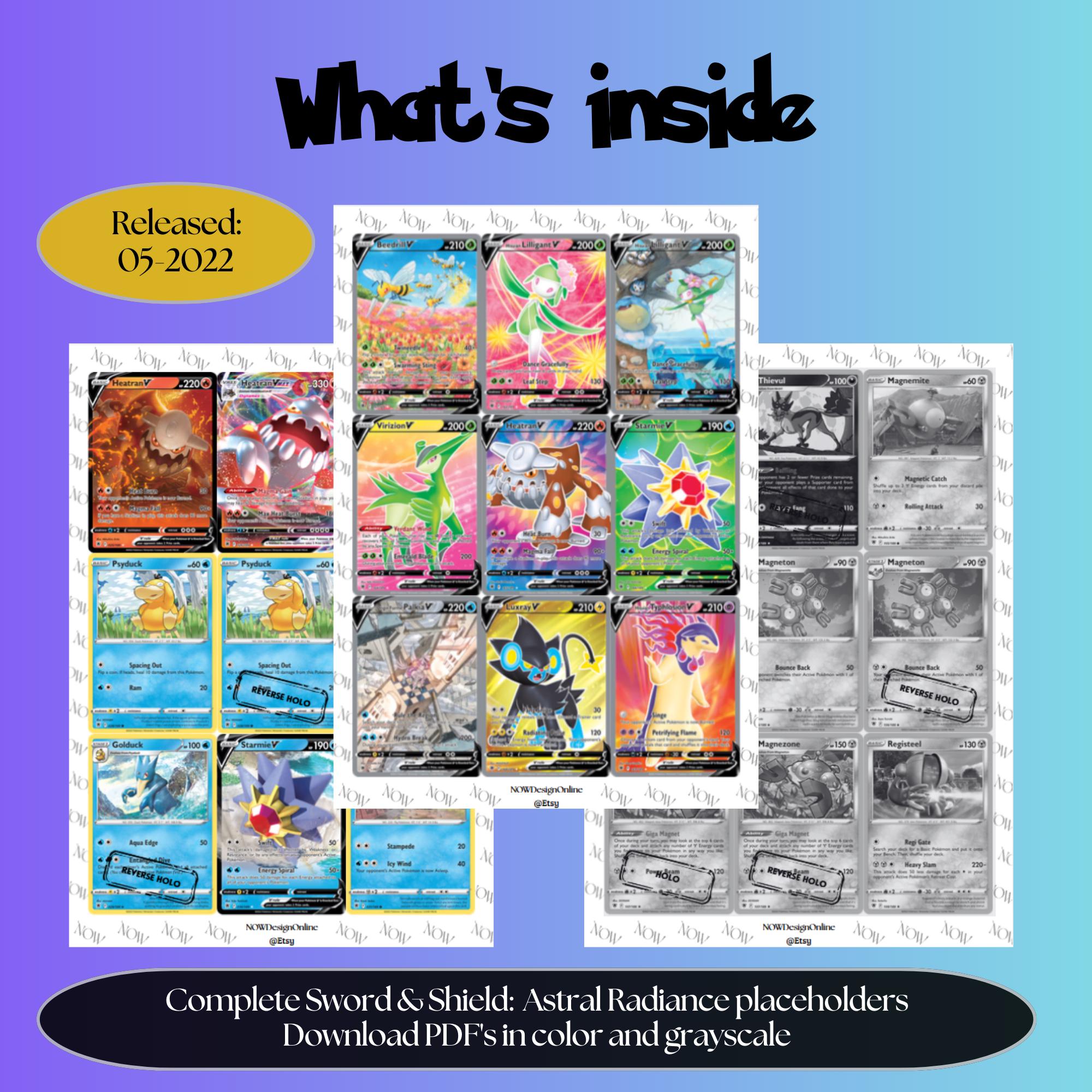 Astral Radiance master set overview showing the included Pokémon cards to print and a full color checklist for the Sword & Shield binder.