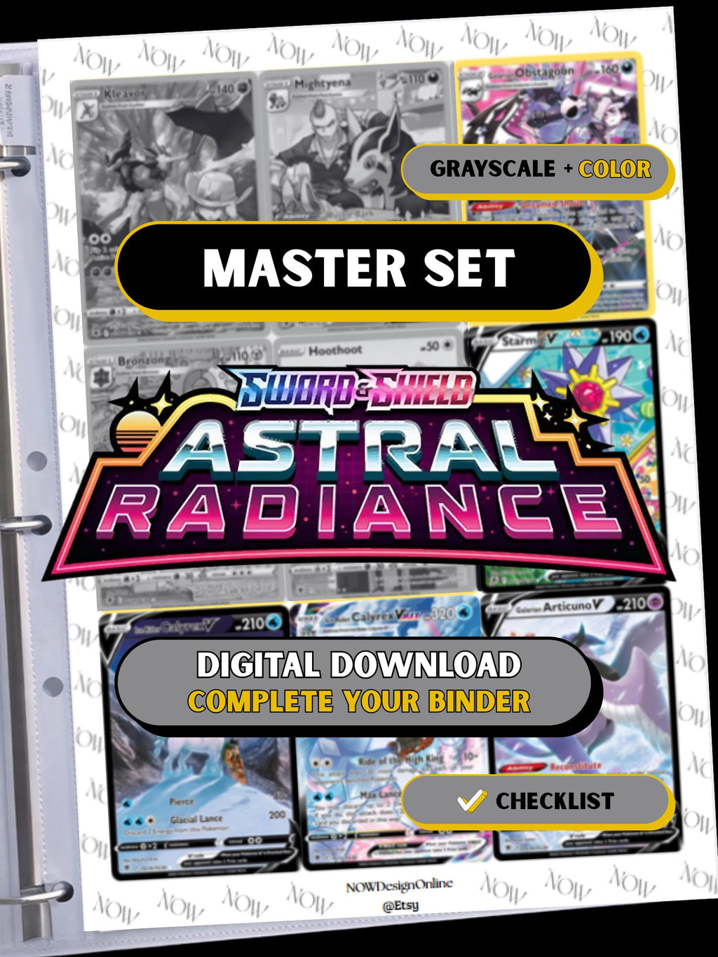 Astral Radiance master set binder page showing grayscale and color Pokémon cards, designed as a digital download with checklist to complete a collector’s binder.