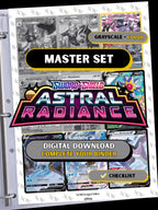 Astral Radiance master set binder page showing grayscale and color Pokémon cards, designed as a digital download with checklist to complete a collector’s binder.