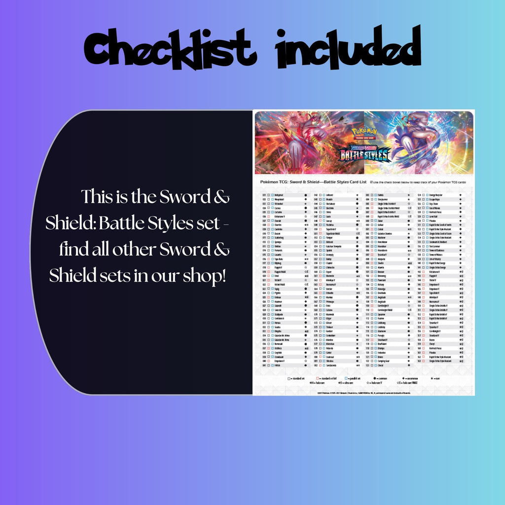 Example of the checklist that’s included to see which cards are all in the Battle Styles set from the Sword & Shield Series