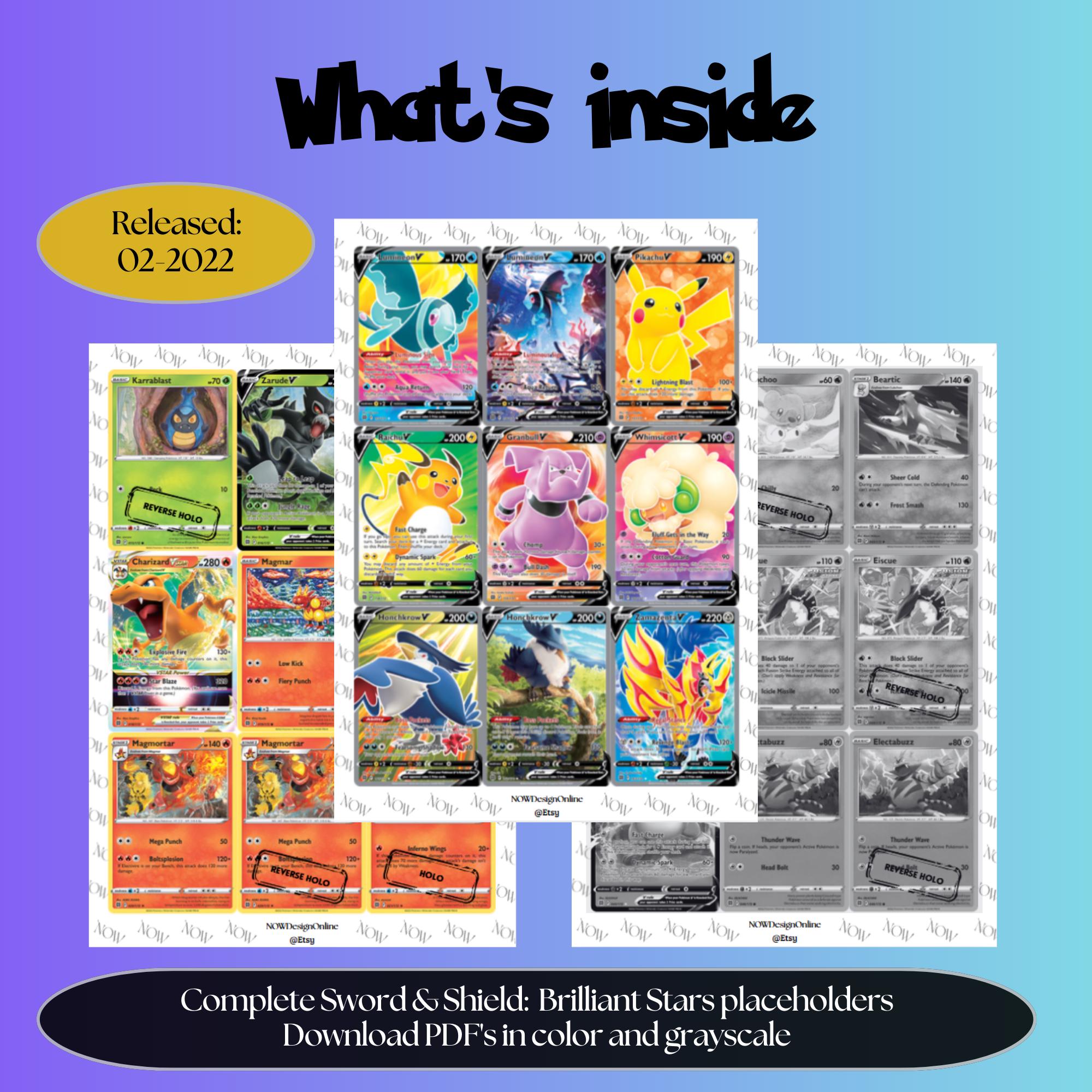 Brilliant Stars master set overview showing the included Pokémon cards to print and a full color checklist for the Sword & Shield binder.