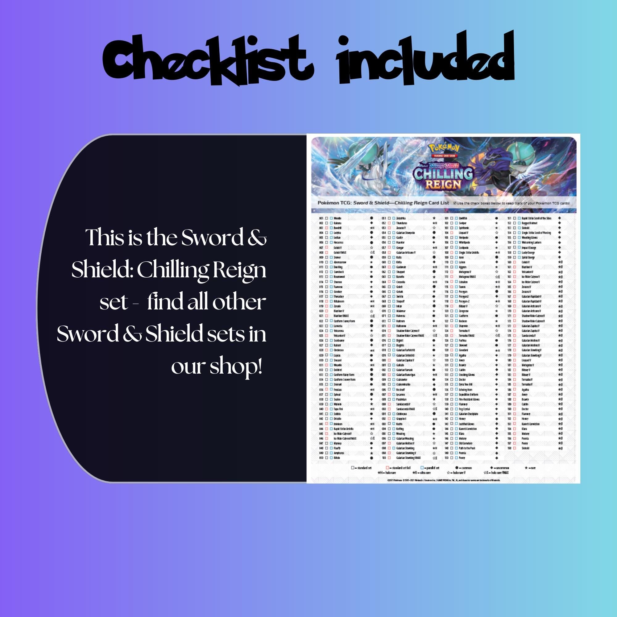Example of the checklist that’s included to see which cards are all in the Chilling Reign set from the Sword & Shield Series.