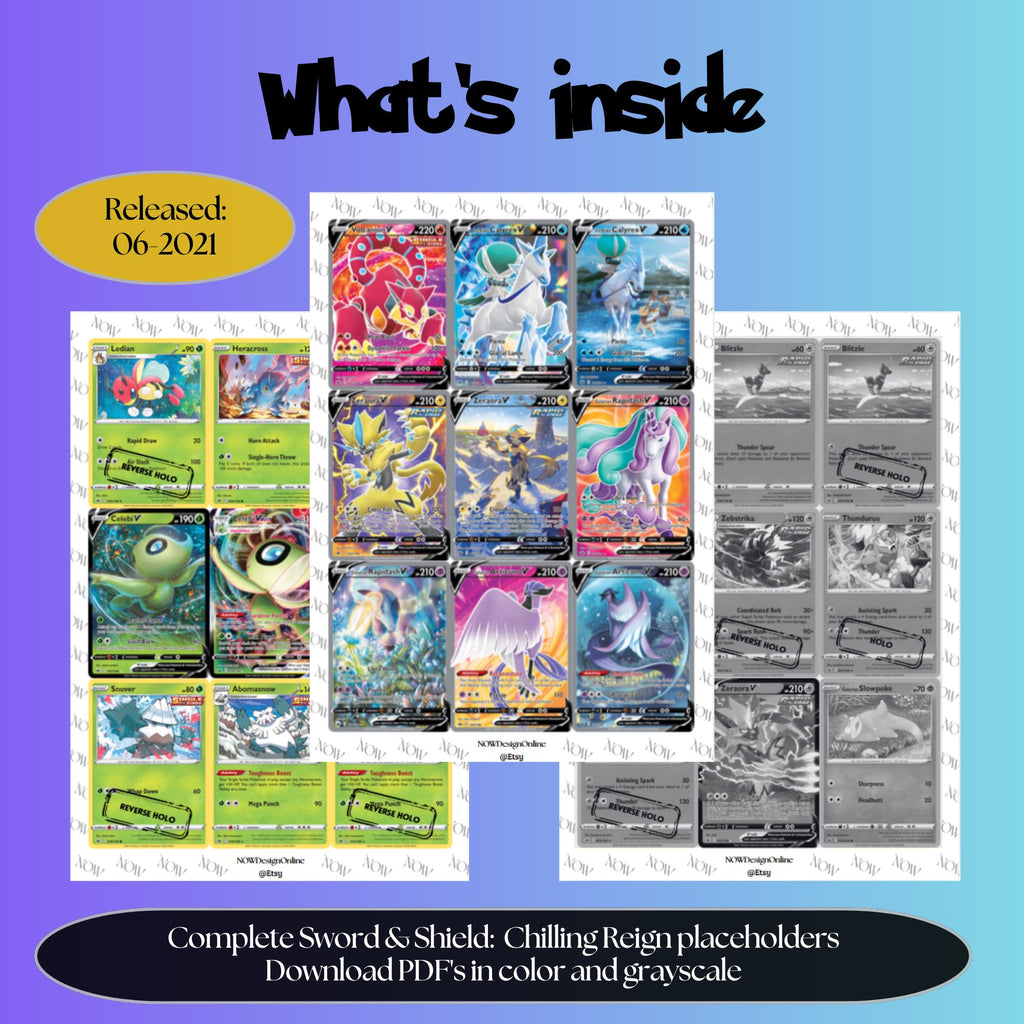 Chilling Reign master set overview showing the included Pokémon cards to print and a full color checklist for the Sword Shield binder.